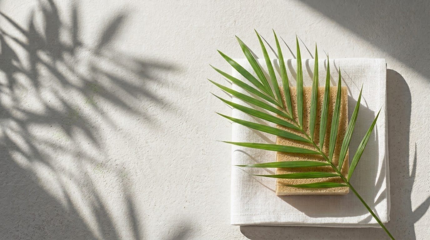 Palm leaf resting on a natural sponge and white towel