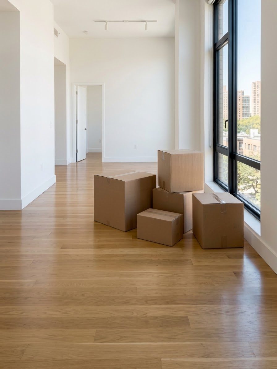 Empty bright apartment with moving boxes on a wooden floor